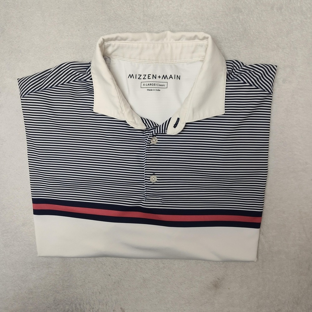 Mizzen+Main Polo Shirt Mens‎ XL White Striped Golf Performance Collared Tennis